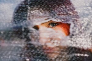 woman looking through bubble wrap